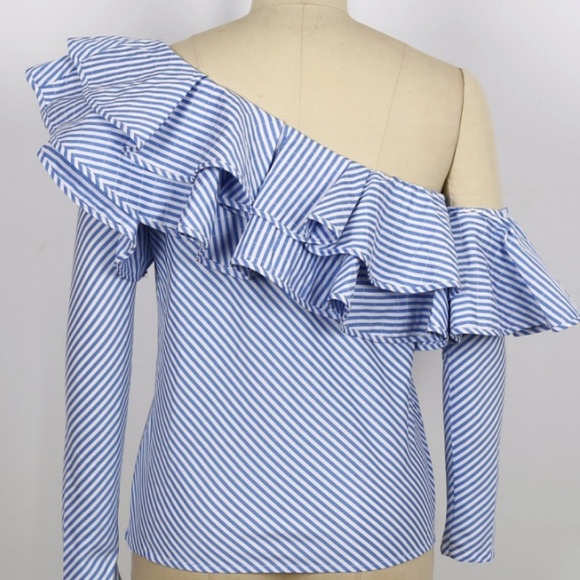 Blue & White Striped Frill Blouse Summer Top - Picture 6 of 6